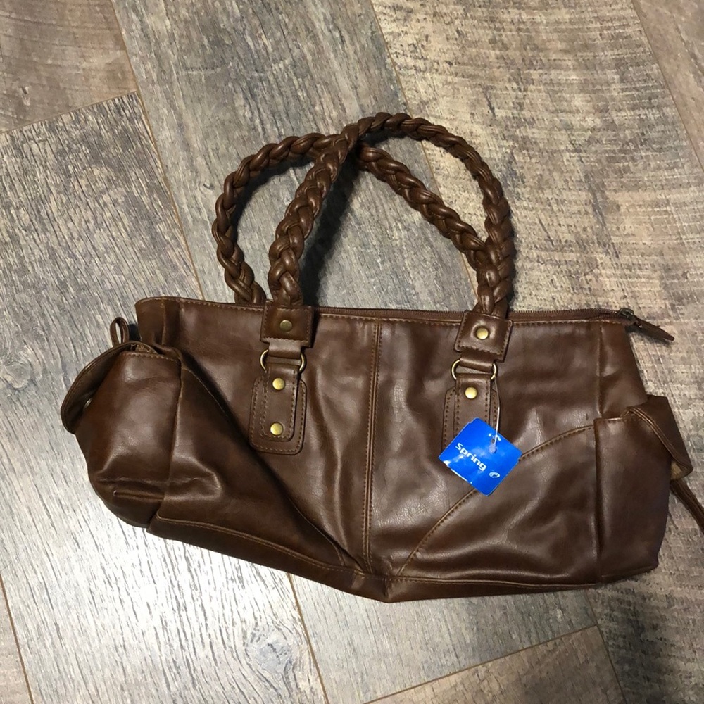 NEW Spring Faux Leather Shoulder Bag Dark Brown Medium Size (19” x 6.5”)